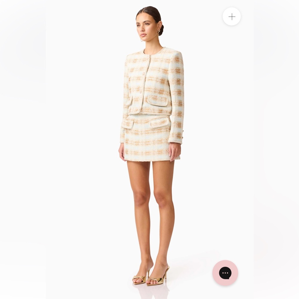 elliatt ashlyn white blue & gold long sleeve metallic tweed mini skirt set small - Picture 4 of 14
